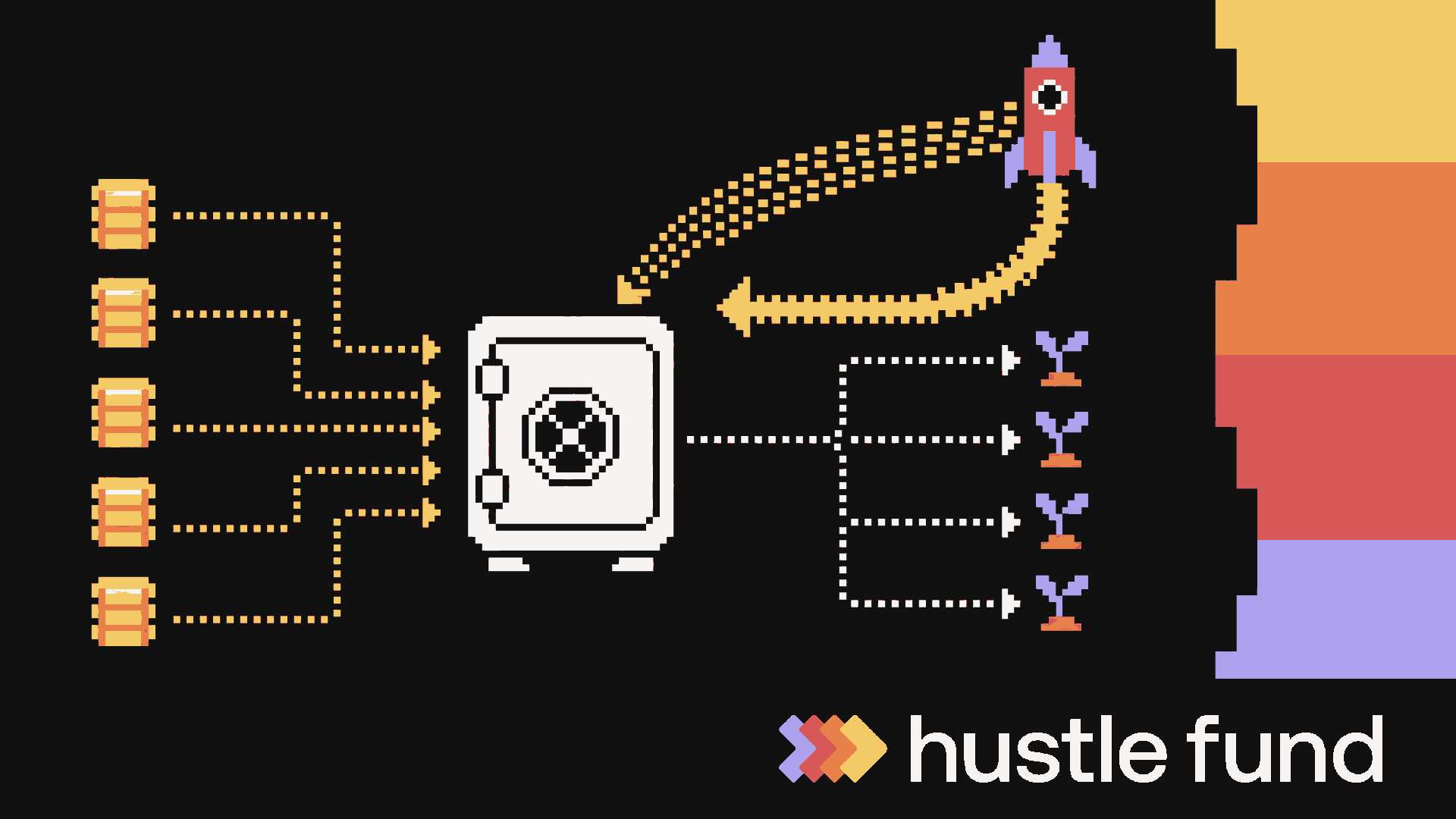 Pixel-art capital flows into a venture fund vault, branches into startup bets, and returns from an outlier