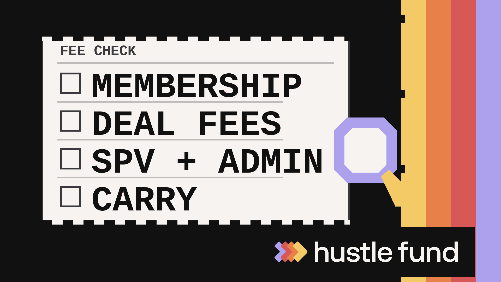 A pixel-art fee receipt checks membership, deal, SPV administration, and carry charges.