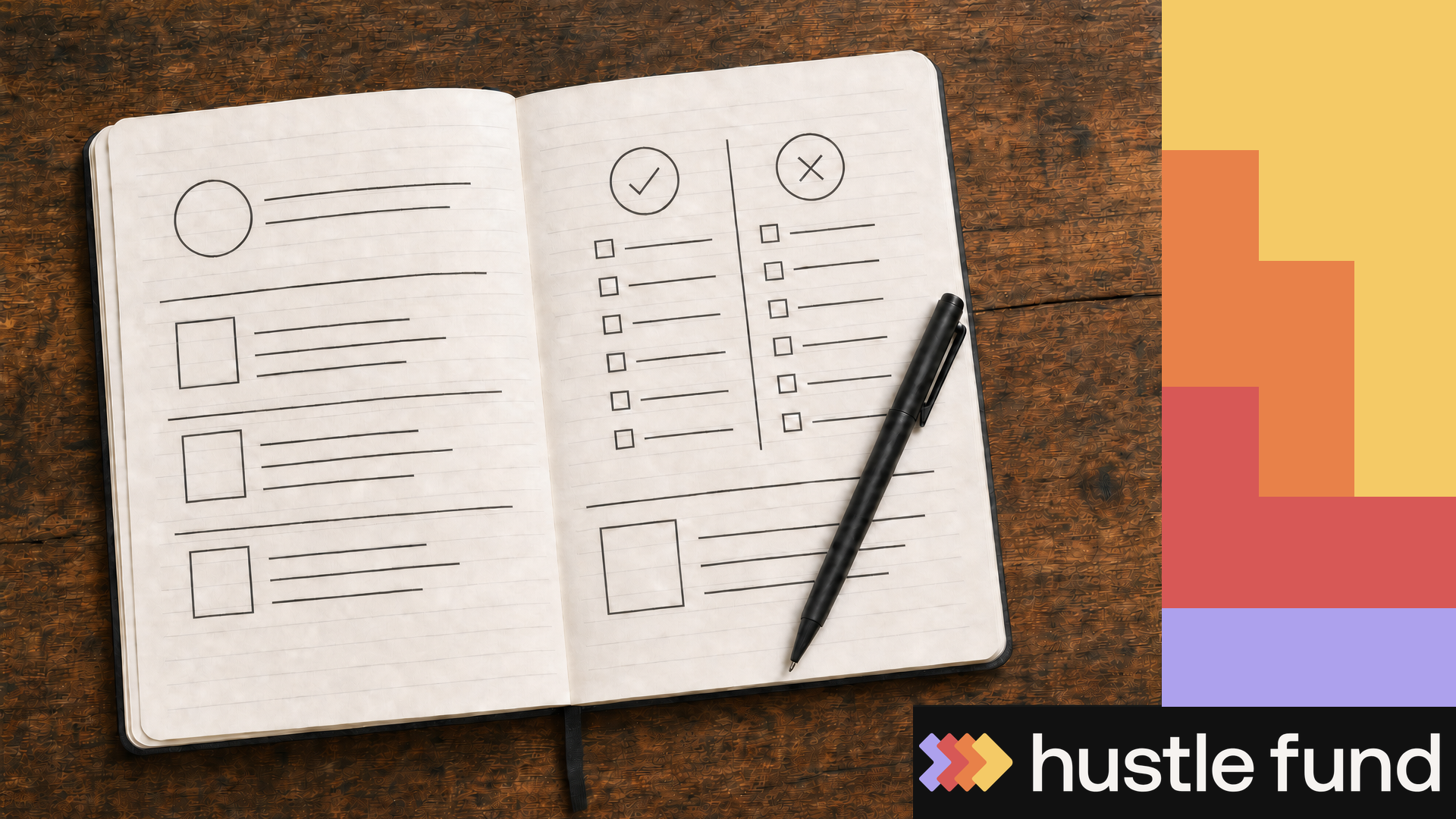 An open notebook with checklists and a pen beside the Hustle Fund color rail.