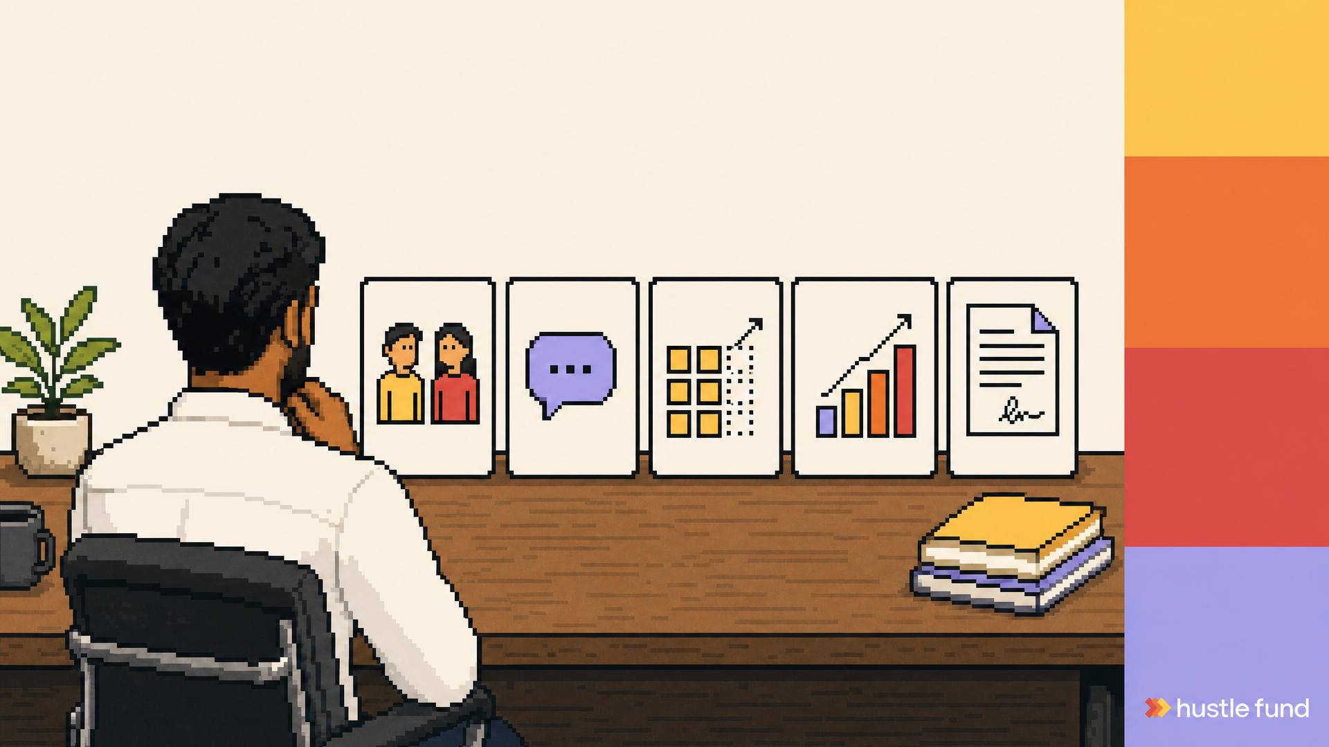 A pixel-art angel investor reviews five evidence cards for a startup deal.