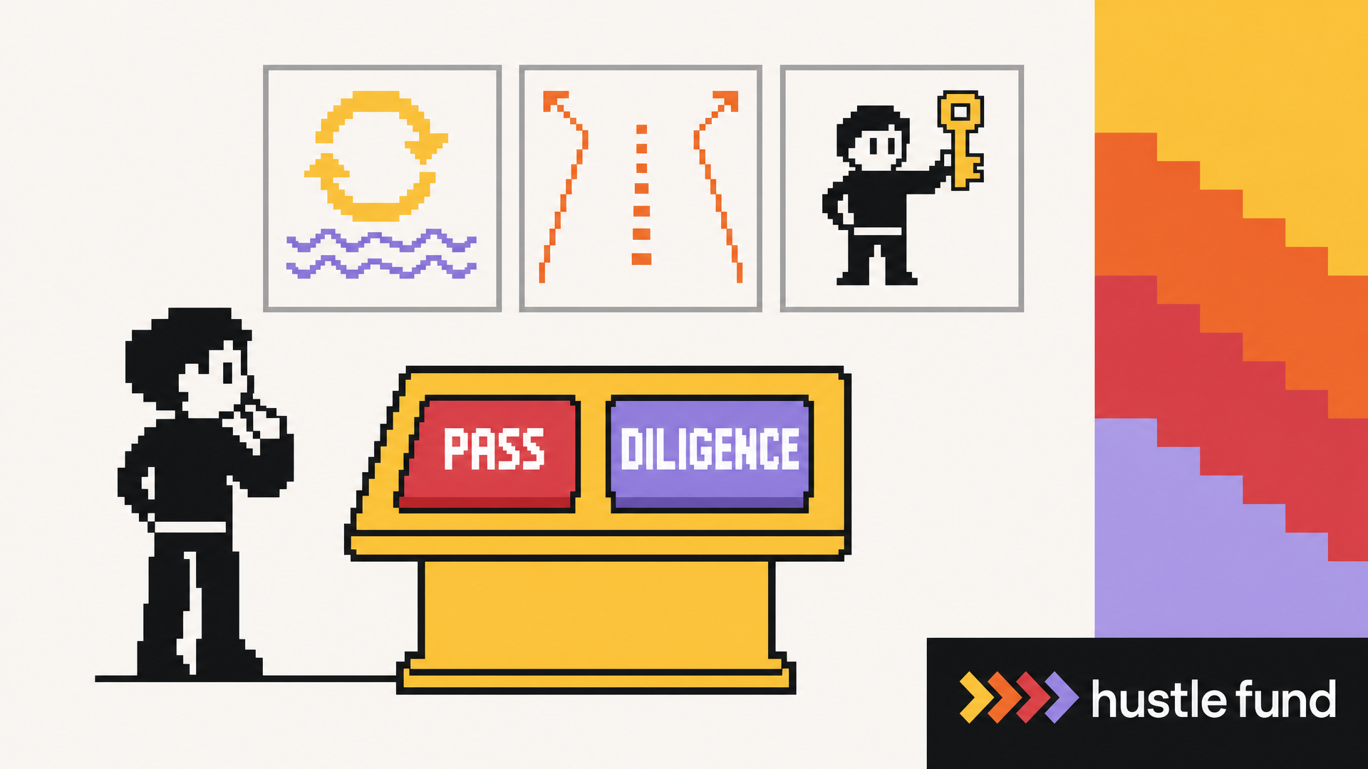 A pixel-art angel investor chooses Pass or Diligence after applying three startup screening tests.