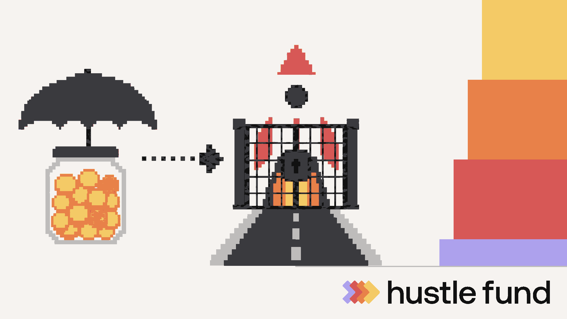 A cash reserve protected beneath an umbrella beside a locked startup investment.