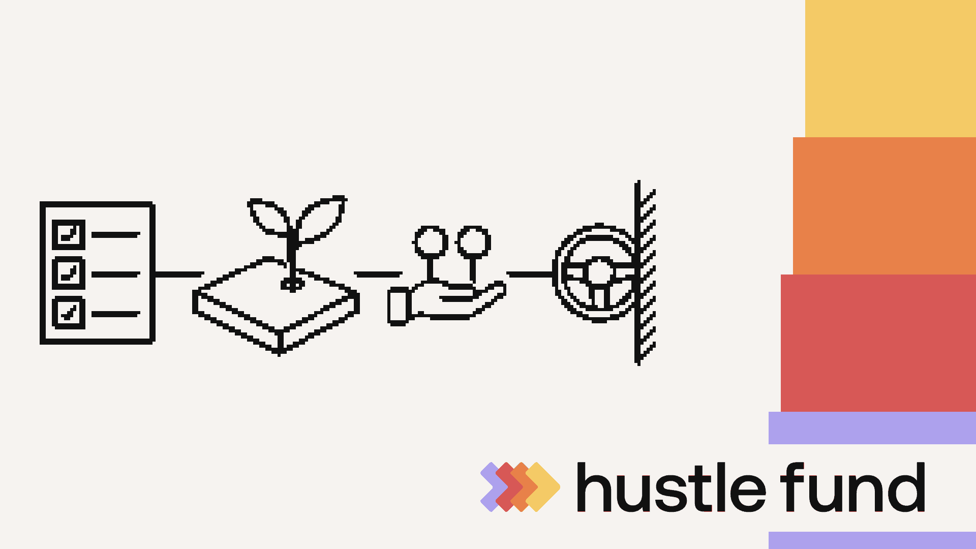 Pixel-art checklist, startup sprout, founder support, and blocked steering wheel representing the role of angel investors.