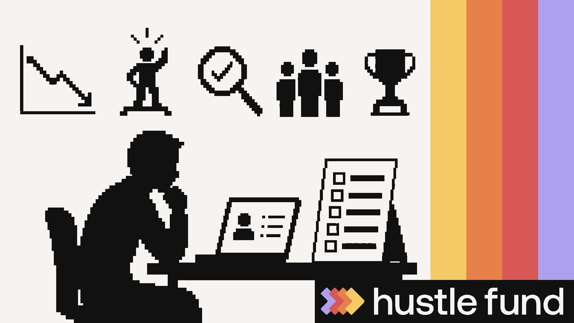Pixel-art investor weighs five cognitive biases before a startup decision.