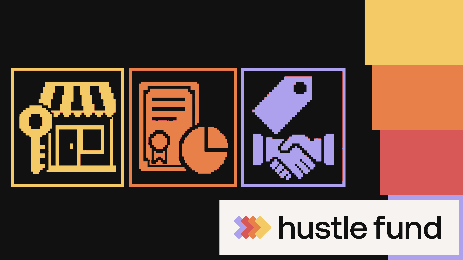 Three portfolio relationship icons sit beside a stepped yellow, orange, red, and purple rail with the Hustle Fund wordmark.