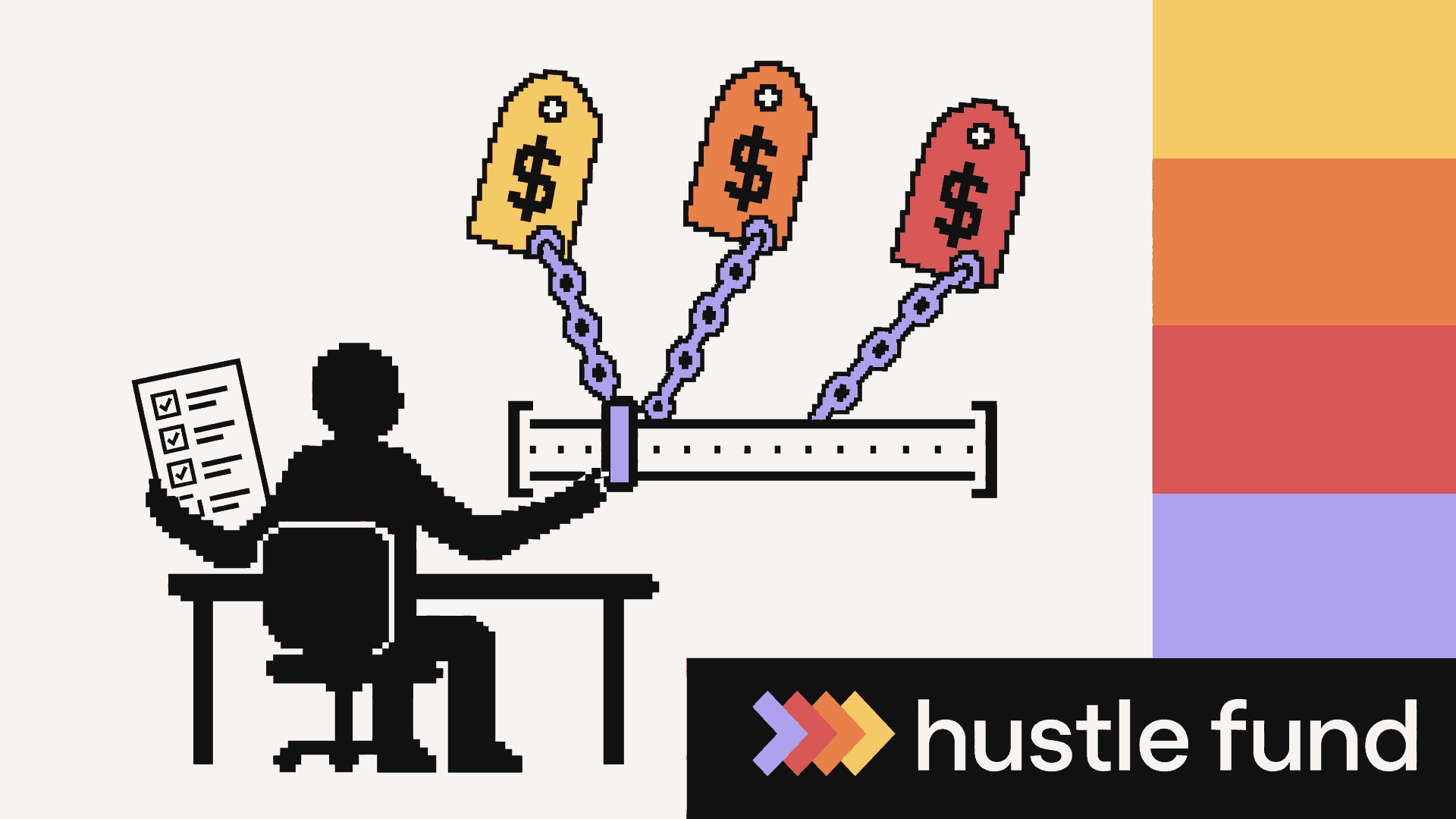 A pixel-art investor uses a checklist while three chained price tags pull a valuation-range marker.