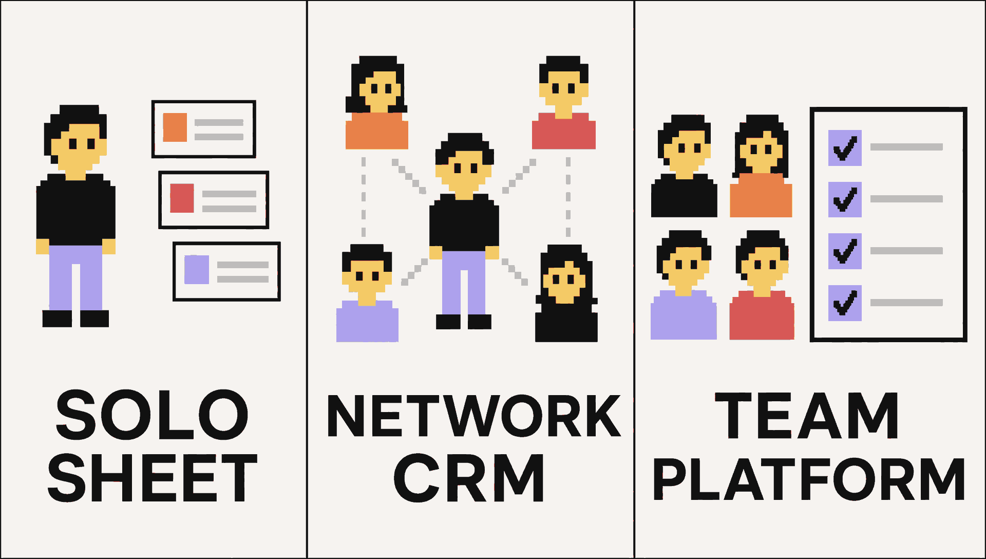 Three deal flow systems matched to solo, relationship, and team workflows.