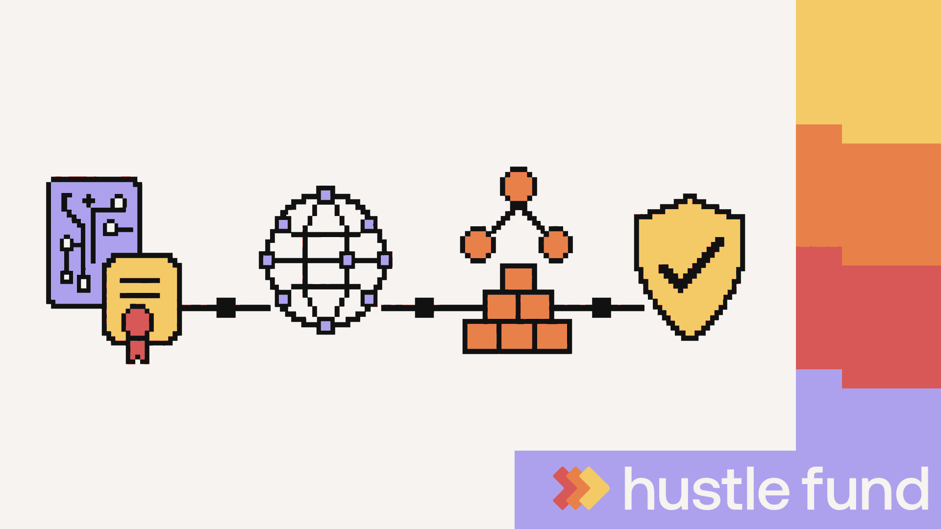 Flat pixel-art path from education through global business, investing, and cybersecurity.