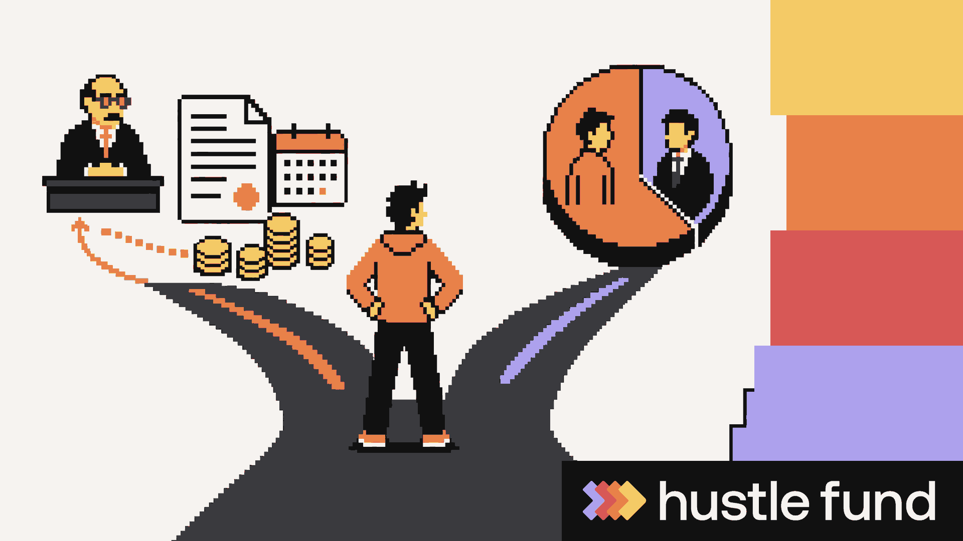 Pixel-art startup operator choosing between debt repayment and equity dilution.