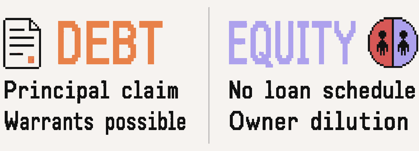 Debt usually creates repayment and may include equity upside, while conventional equity dilutes ownership without a scheduled loan payment.