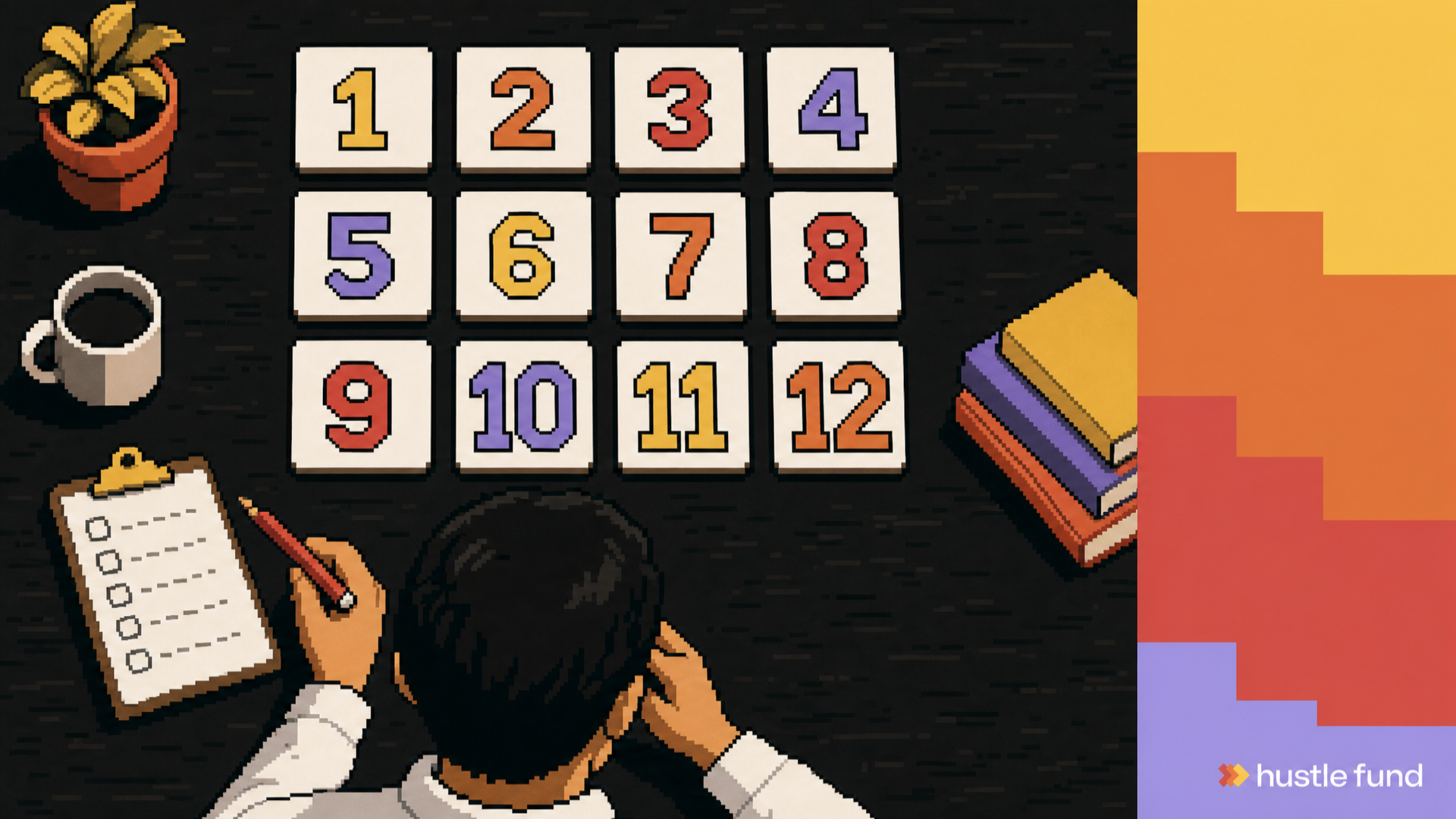 A pixel-art angel investor reviews twelve numbered warning tiles before choosing a startup investment.