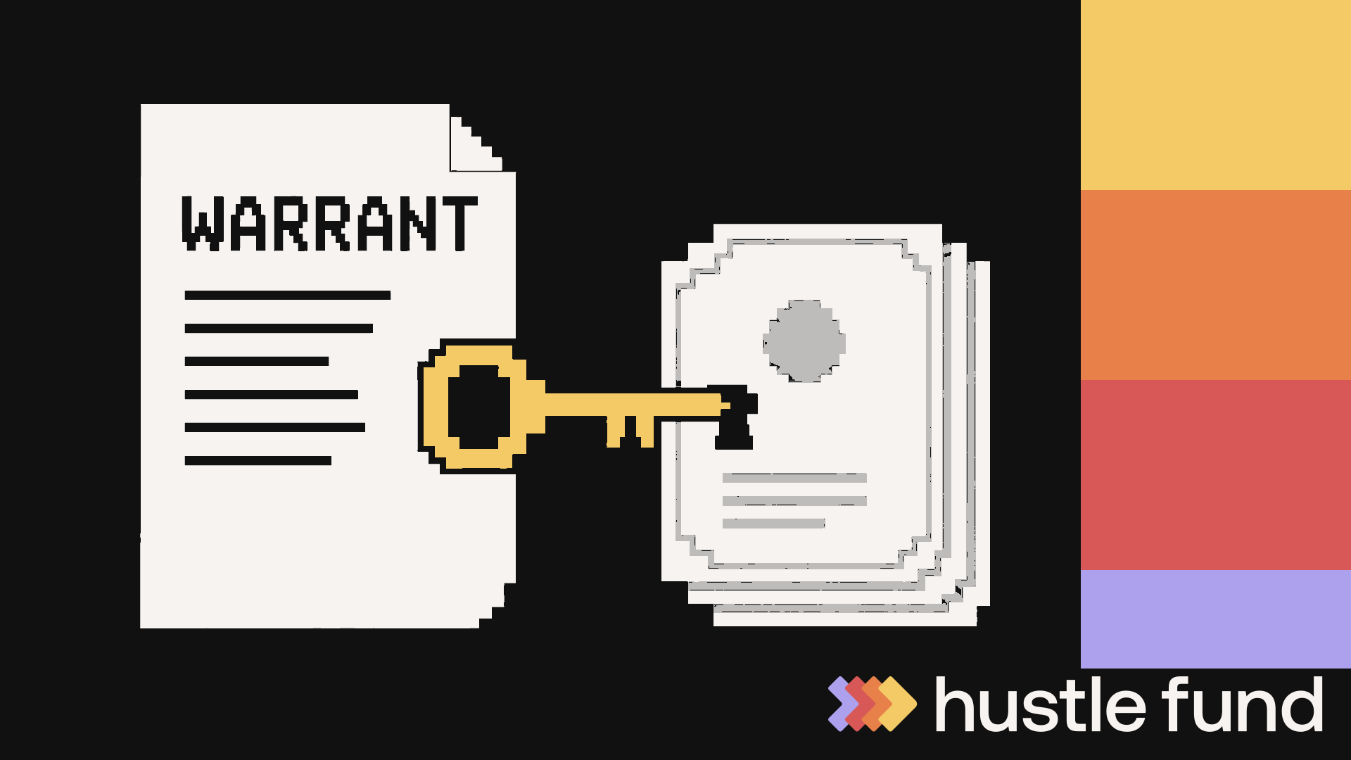 A pixel-art warrant, key, and stack of share certificates.