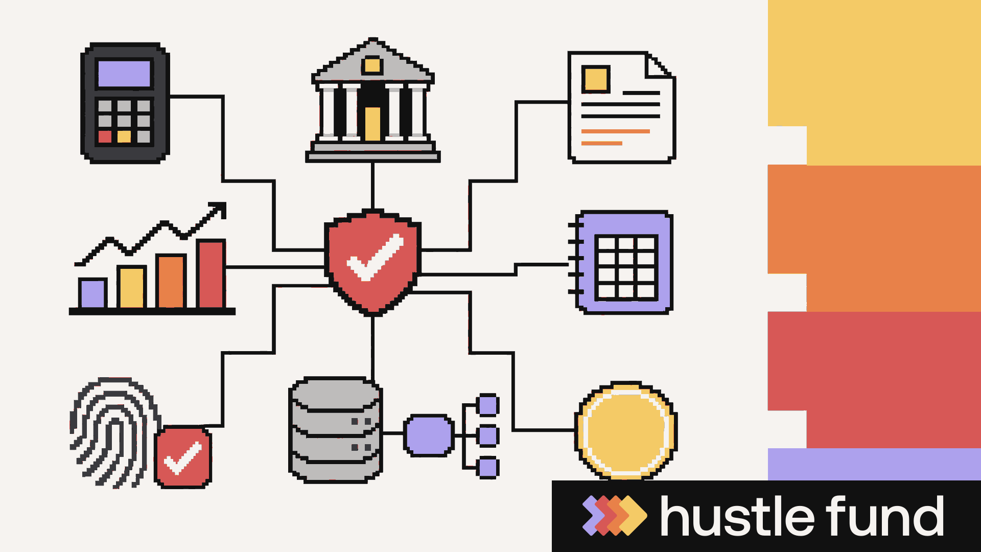 Pixel-art fintech network beside Hustle Fund's stepped brand rail.