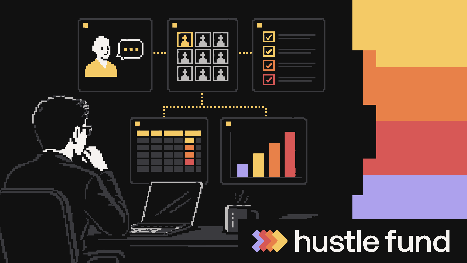Pixel-art investor workspace connecting deal flow, diligence, cap tables, and portfolio reporting.