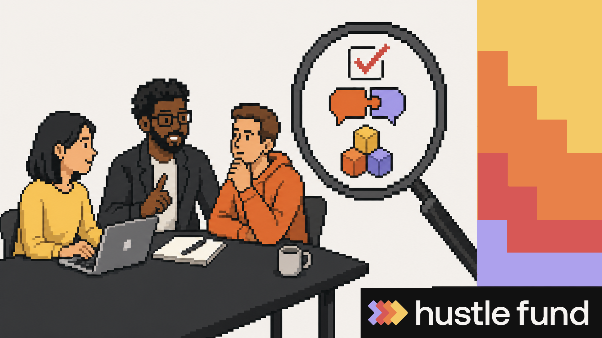 Pixel-art startup leaders are examined through a magnifying glass beside Hustle Fund's multicolor brand rail.