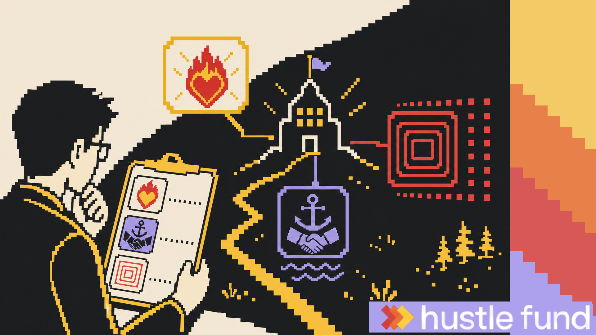 Pixel-art investor uses a rubric to evaluate founders, markets, and alignment.