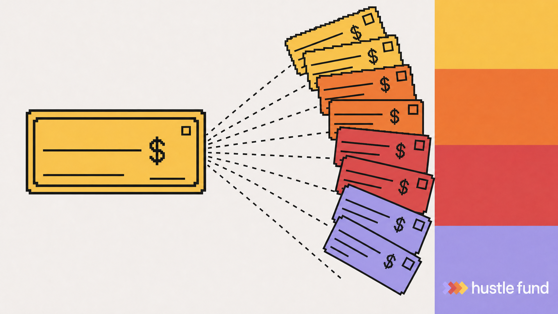 One large angel investment check splitting into eight smaller checks.