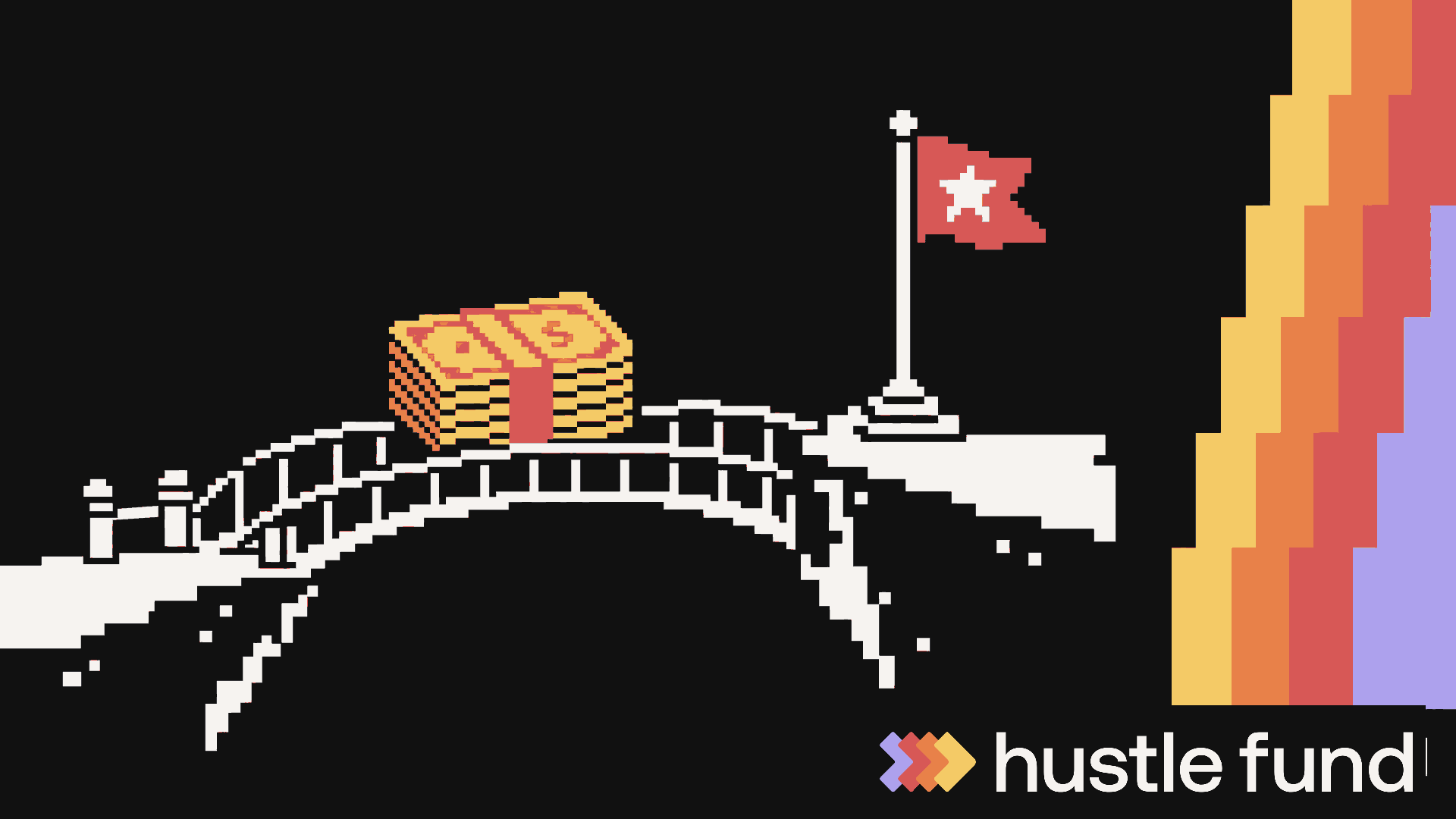 A pixel-art bridge carrying startup capital toward a milestone.