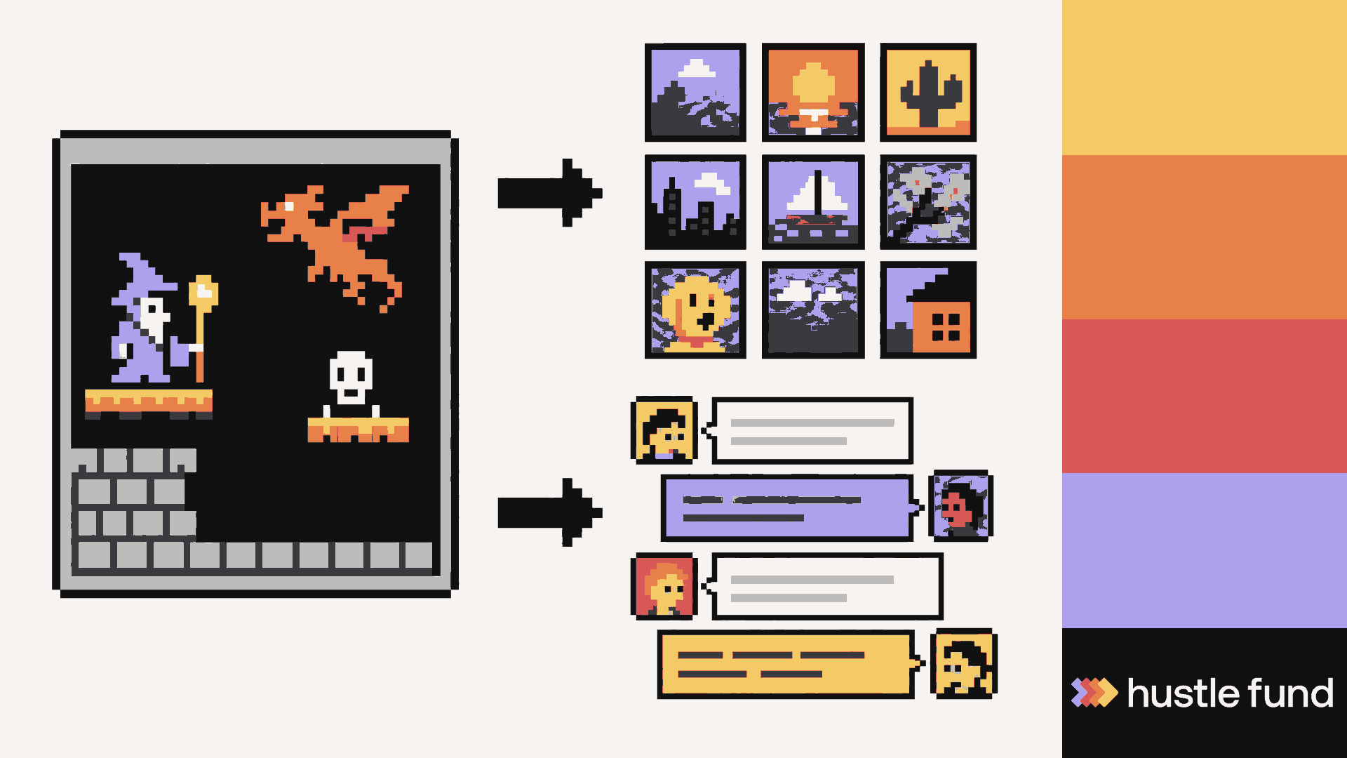 Retro pixel-art game windows transform into a photo grid and team chat beside Hustle Fund's stepped color rail.