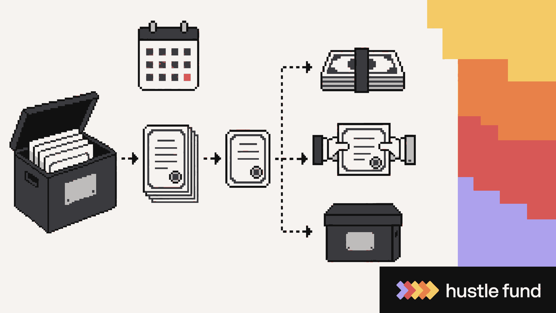 A pixel-art venture fund archive showing private assets routed to cash, an in-kind transfer, or final records.