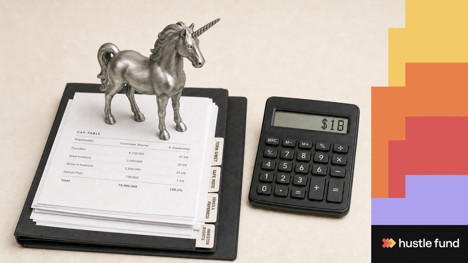 A realistic metallic unicorn figurine beside a cap table and calculator displaying $1 billion.