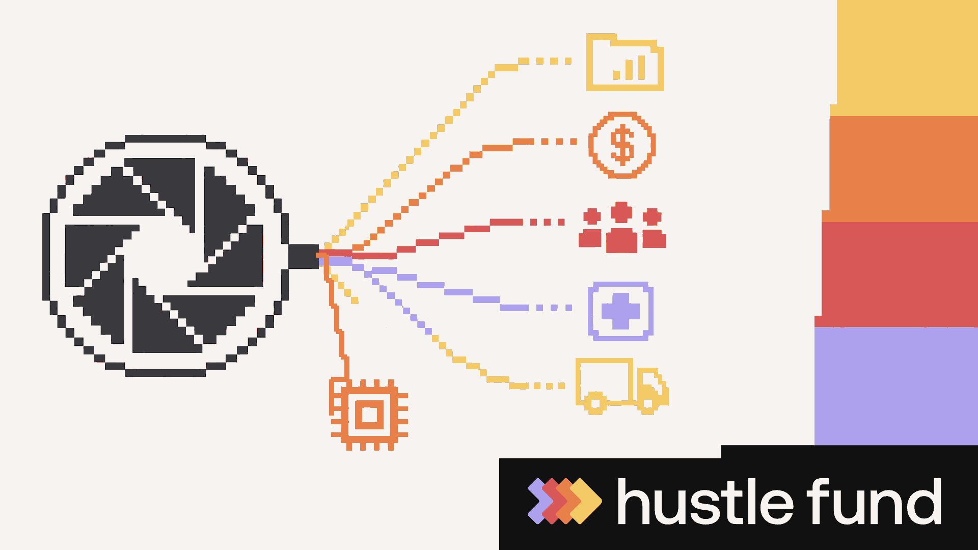 A camera aperture branches into symbols for Kevin Systrom's publicly documented investments.