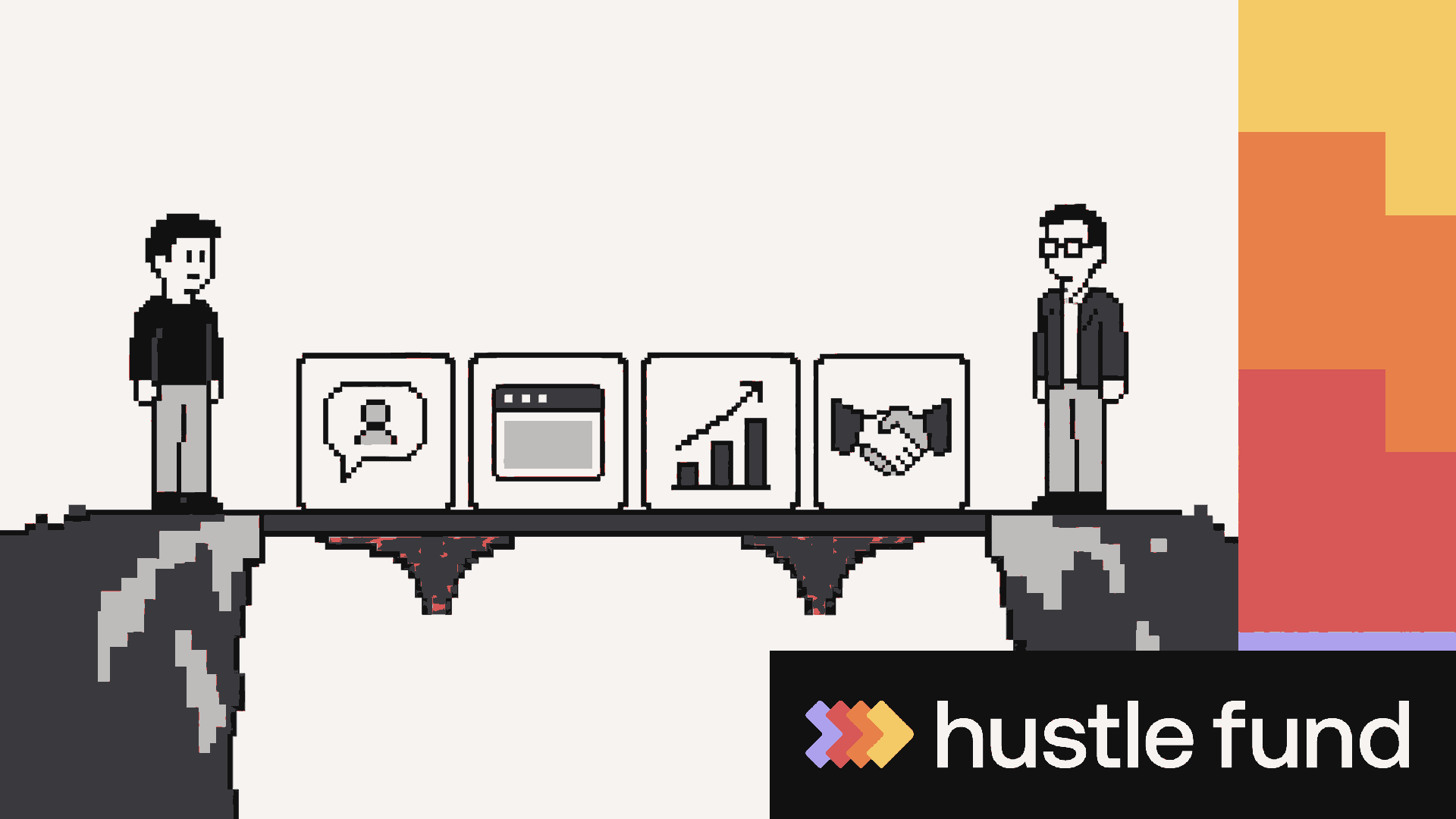 Pixel-art evidence blocks form a bridge between a first-time founder and an investor.