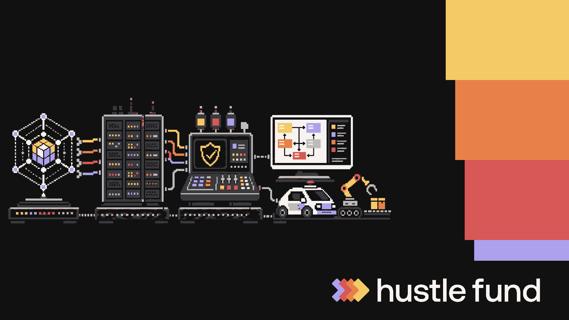 Retro pixel illustration of the AI startup stack beside the Hustle Fund stepped color rail.