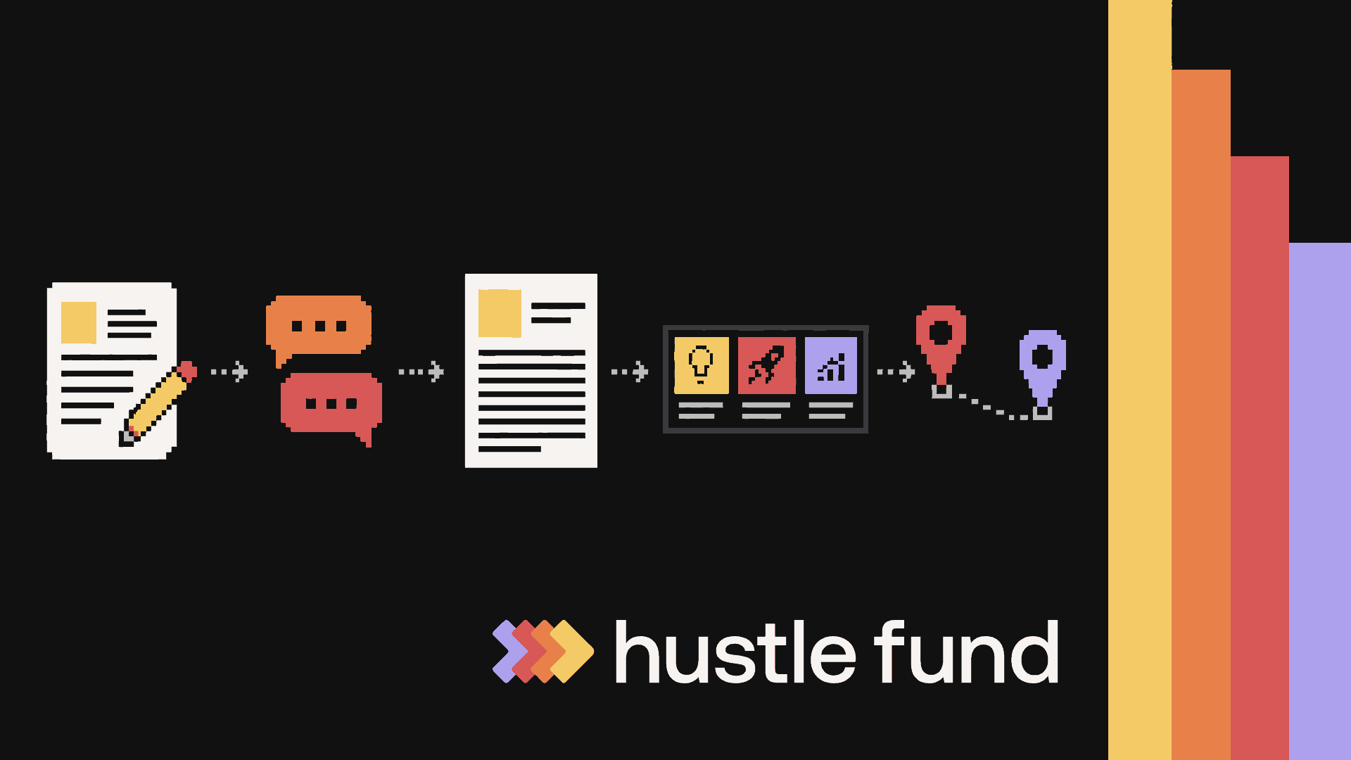 Retro pixel illustration of digital publishing and social platforms leading to an early-stage investment portfolio.