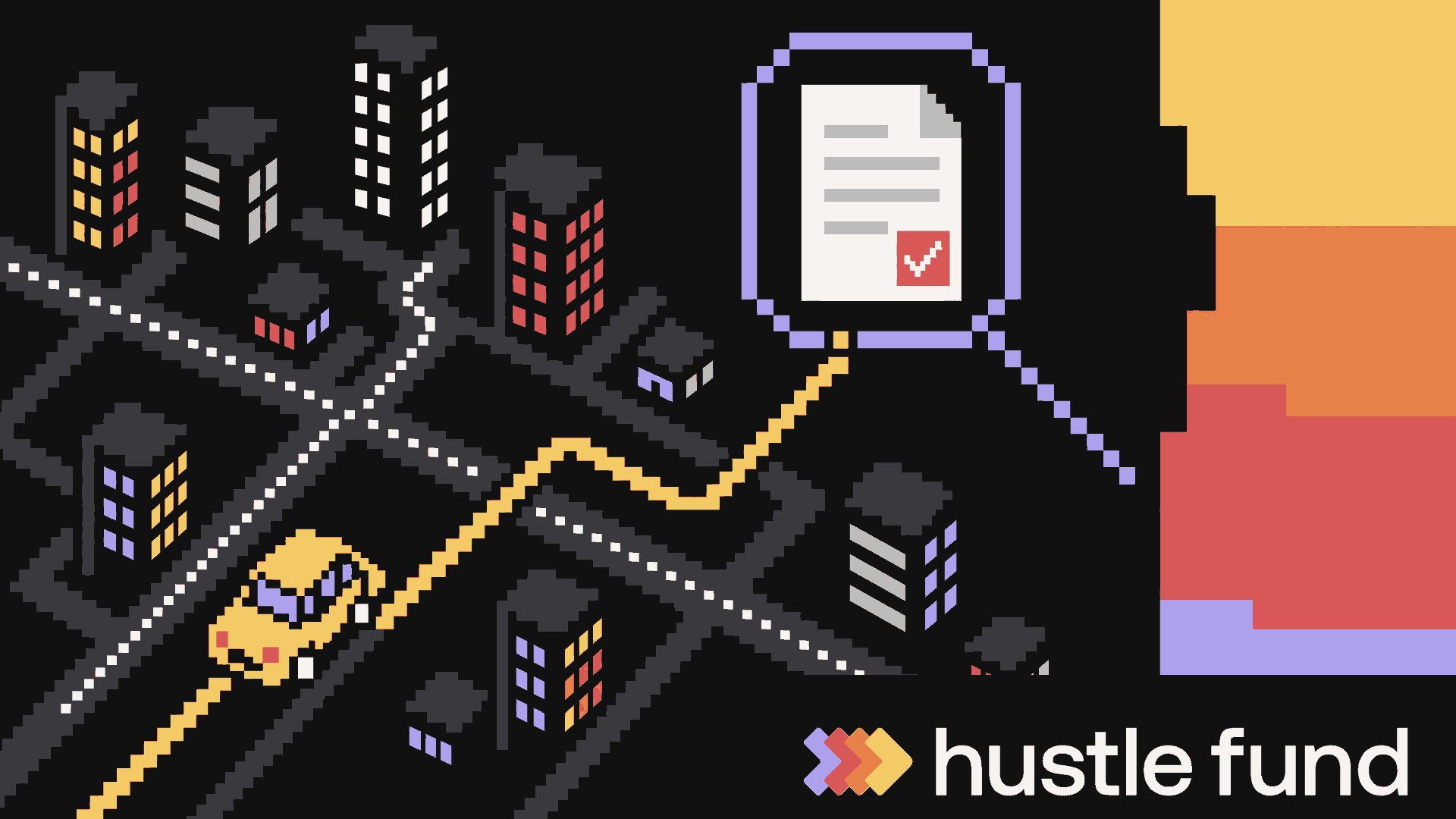 A pixel-art city route leads to a magnifying glass inspecting an evidence document.