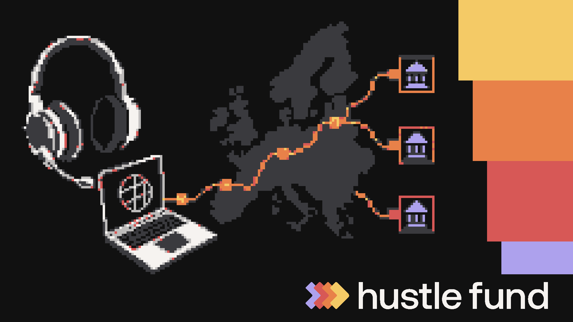 A retro pixel illustration of a headset, a European network, and investment nodes beside the Hustle Fund logo.