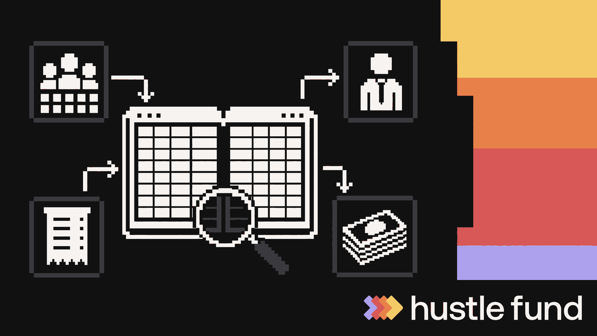 Pixel-art financial model with linked revenue, cost, and cash-flow panels.