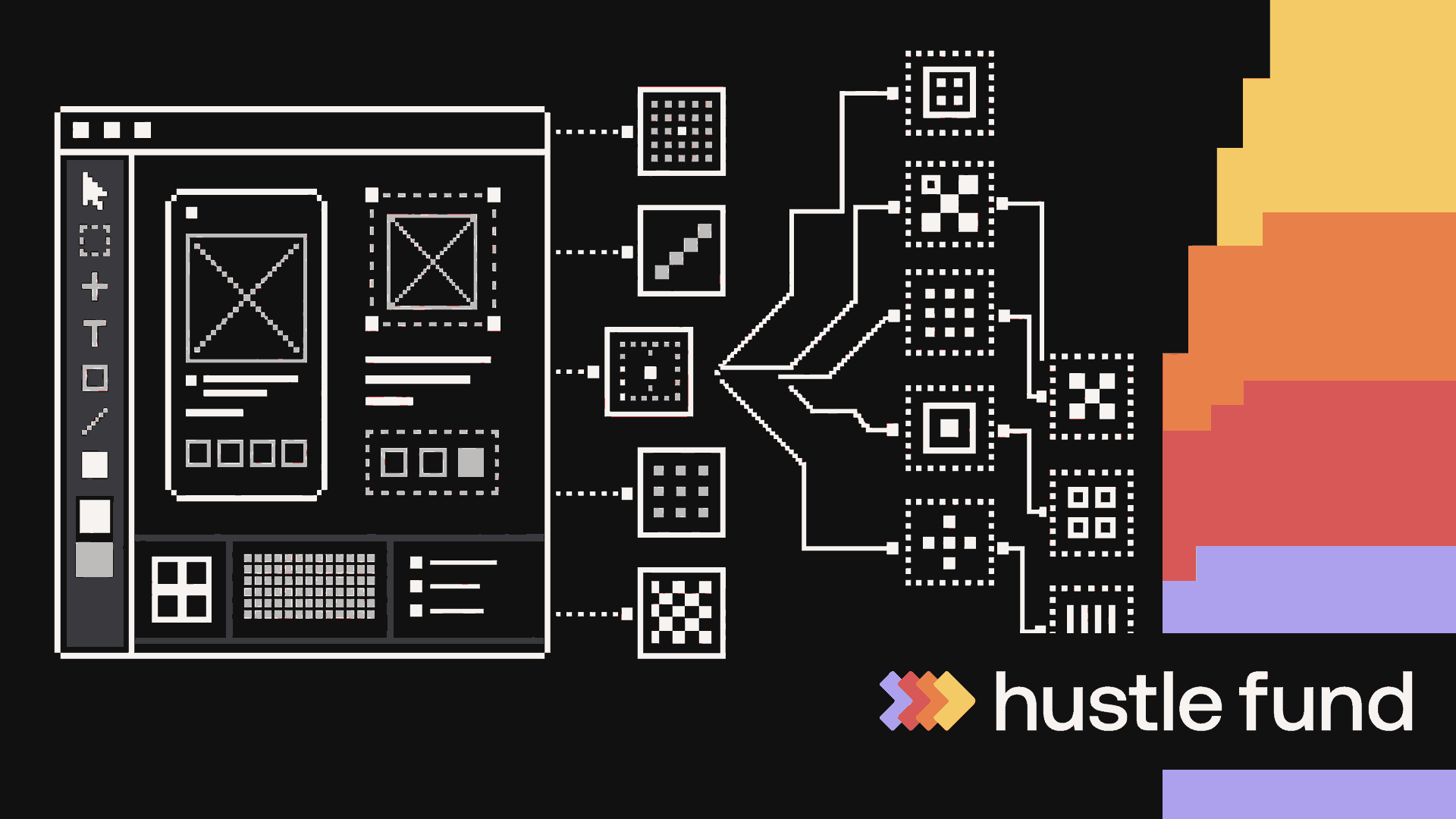 A pixel-art creative workspace connects to a portfolio of early-stage companies.