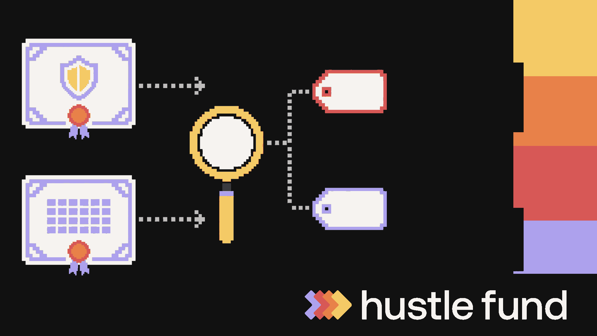 Pixel-art preferred and common stock certificates move through separate valuation paths beside the Hustle Fund color rail.