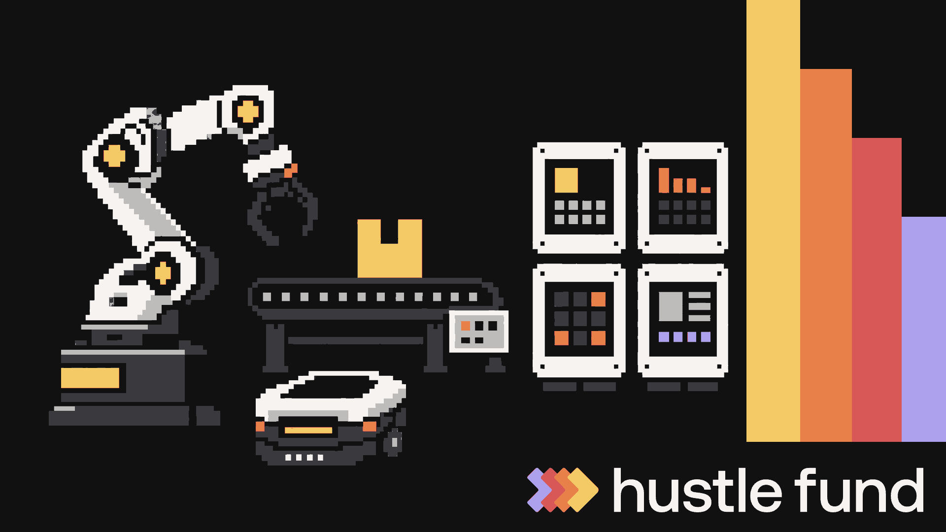 Pixel-art robotic workcell beside a stepped Hustle Fund color rail.