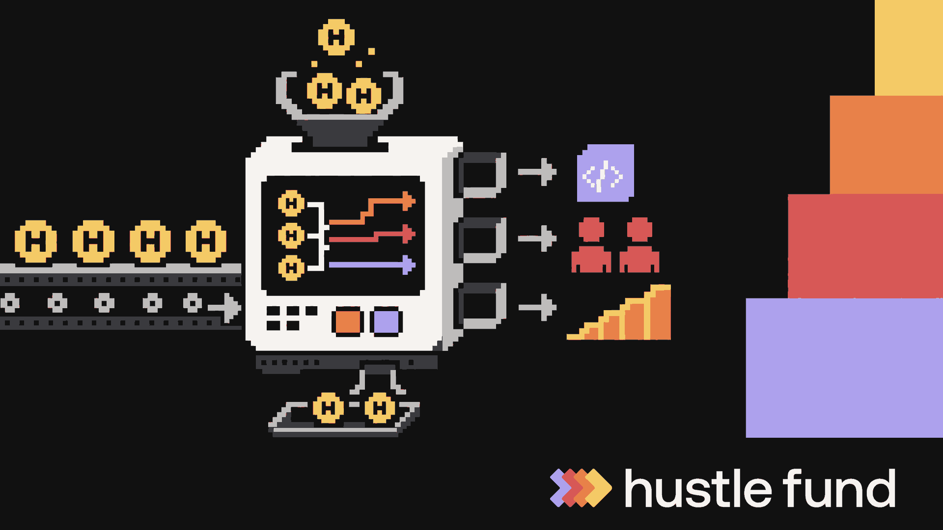 A pixel-art machine converts a measured stream of startup capital into product, customers, and durable growth.