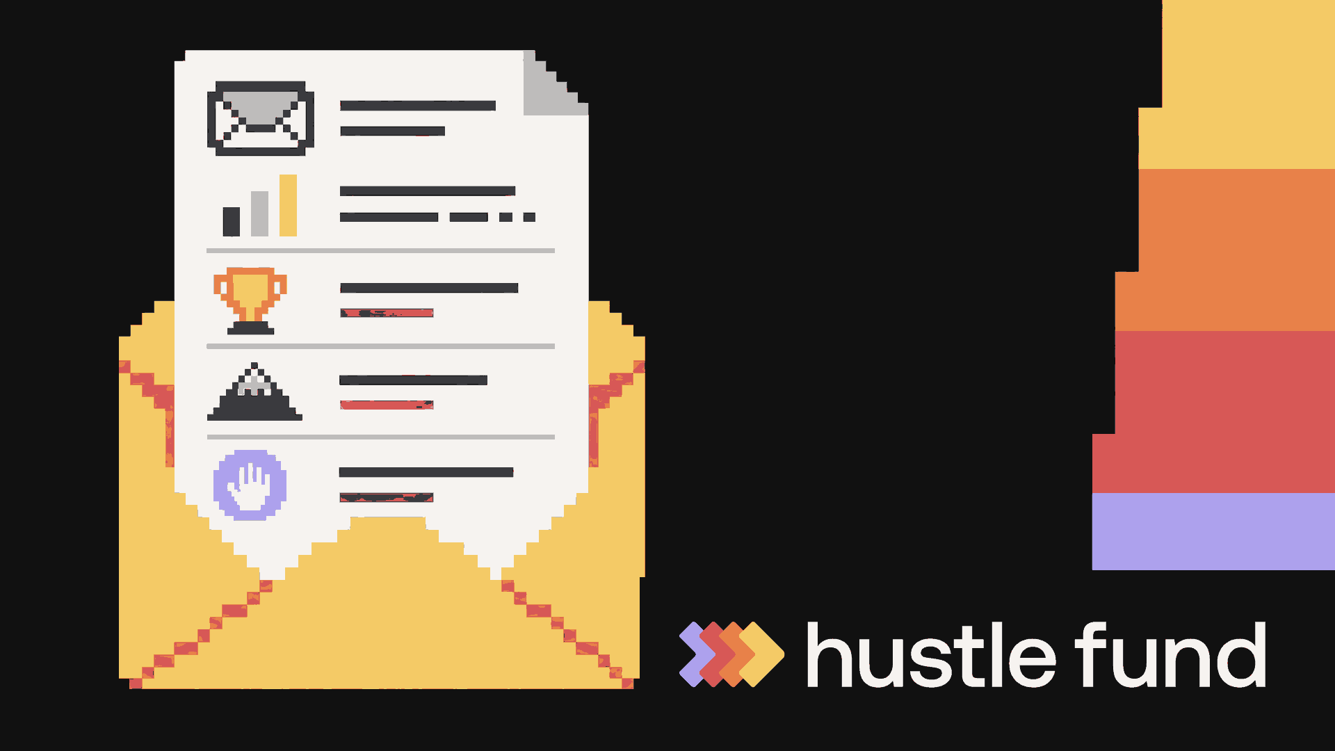 Pixel-art illustration of a founder's monthly investor update email.