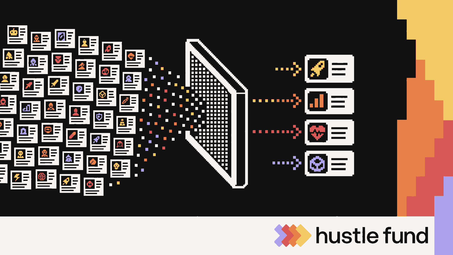 Pixel-art startup profile cards passing through a filter into a four-company shortlist.