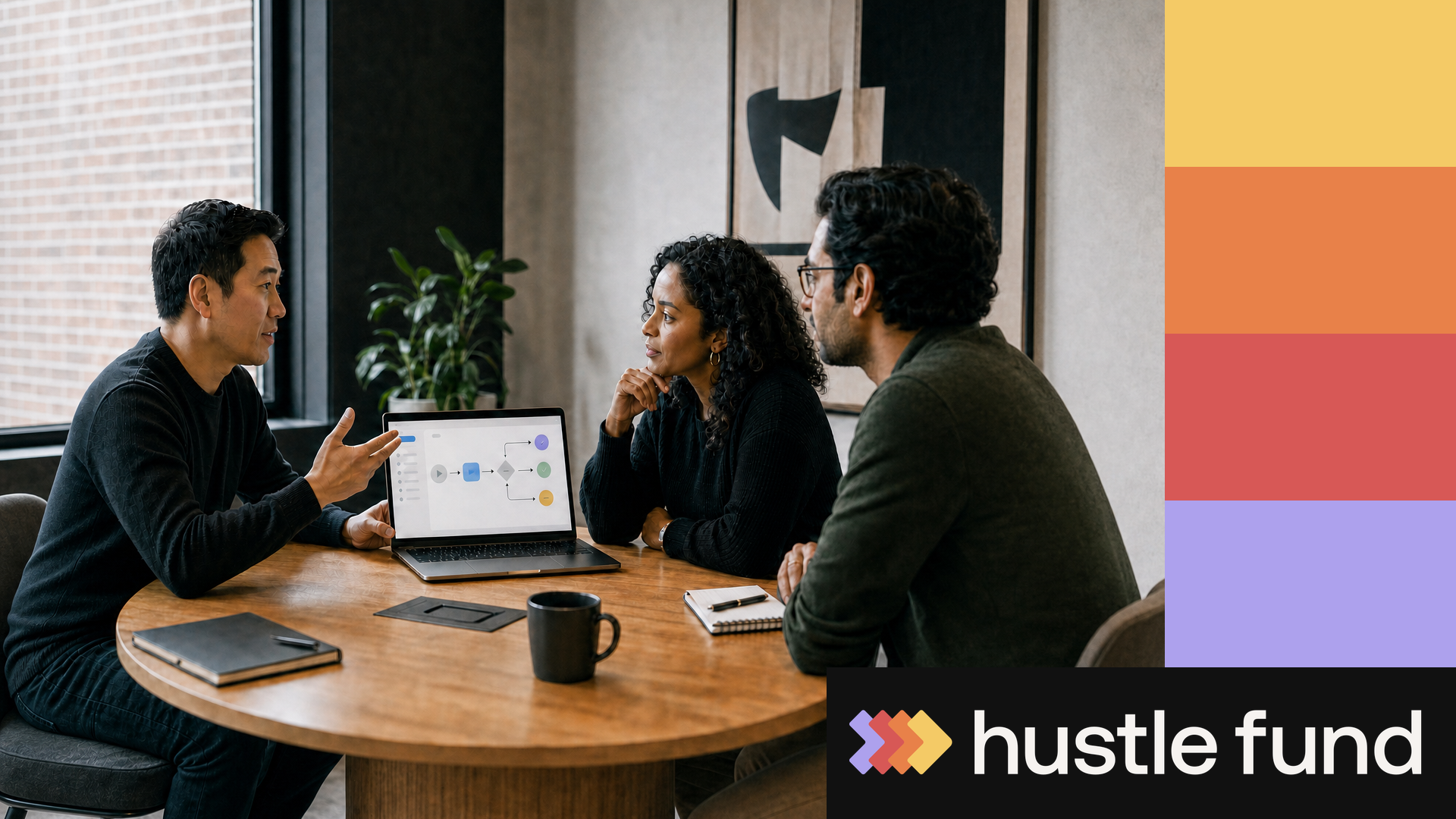 Founder demonstrates a working software product to two startup investors.
