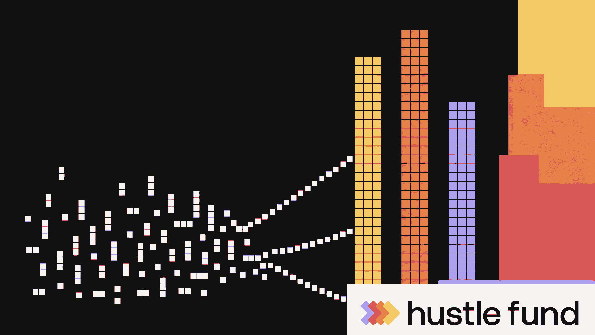 A venture market chart narrows into a few oversized rounds beside a stepped Hustle Fund rail.