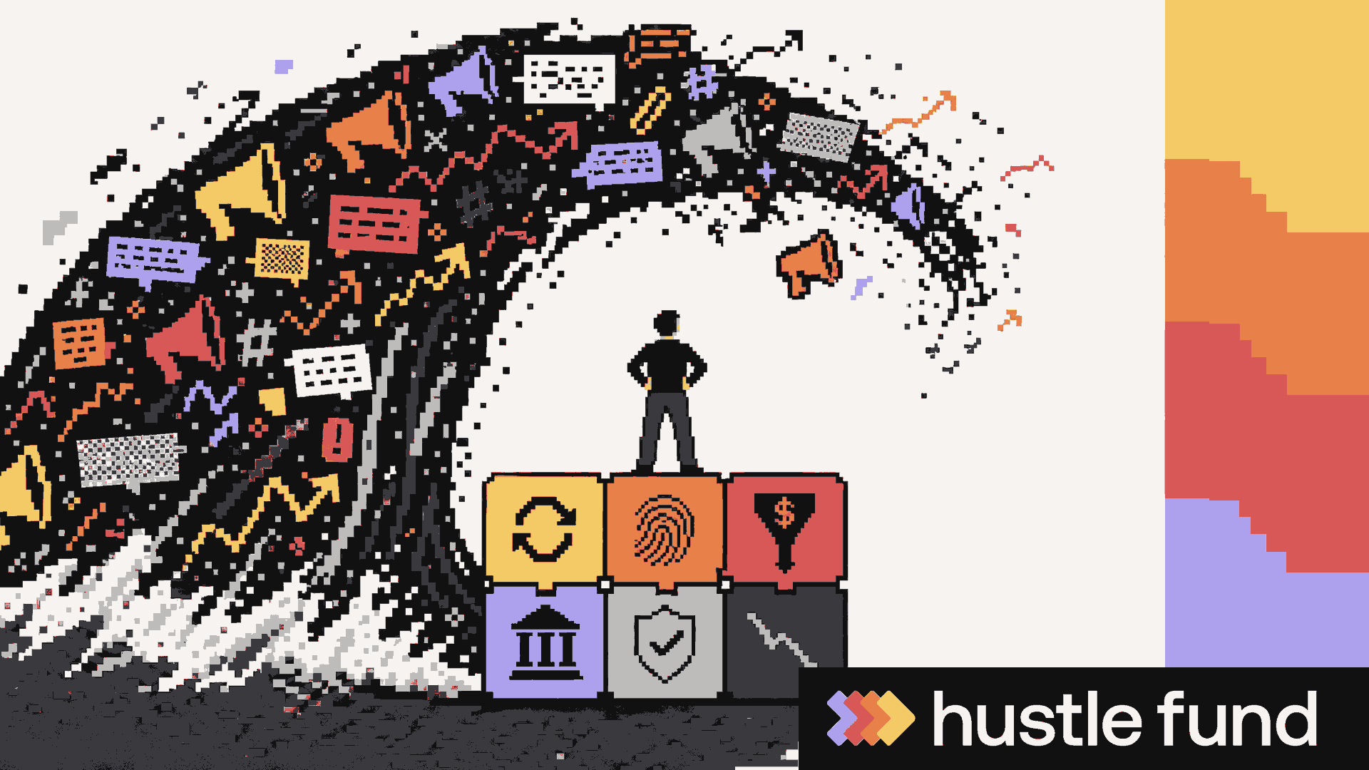 A startup founder studies durable business signals beneath a noisy trend wave.