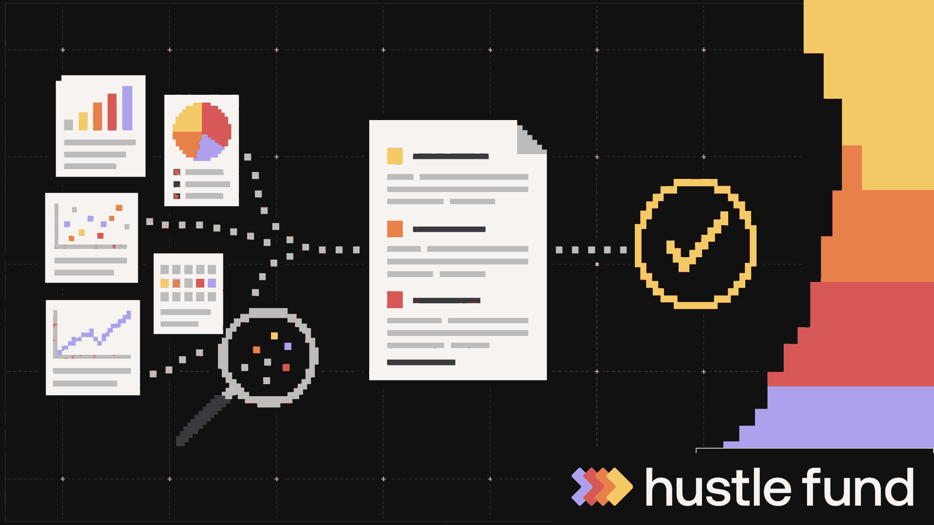 Pixel-art evidence cards flowing into an investment memo and decision check mark.