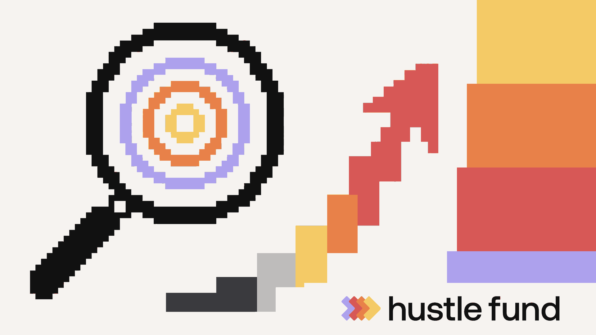 A pixel-art magnifying glass examines a market and its growth path.