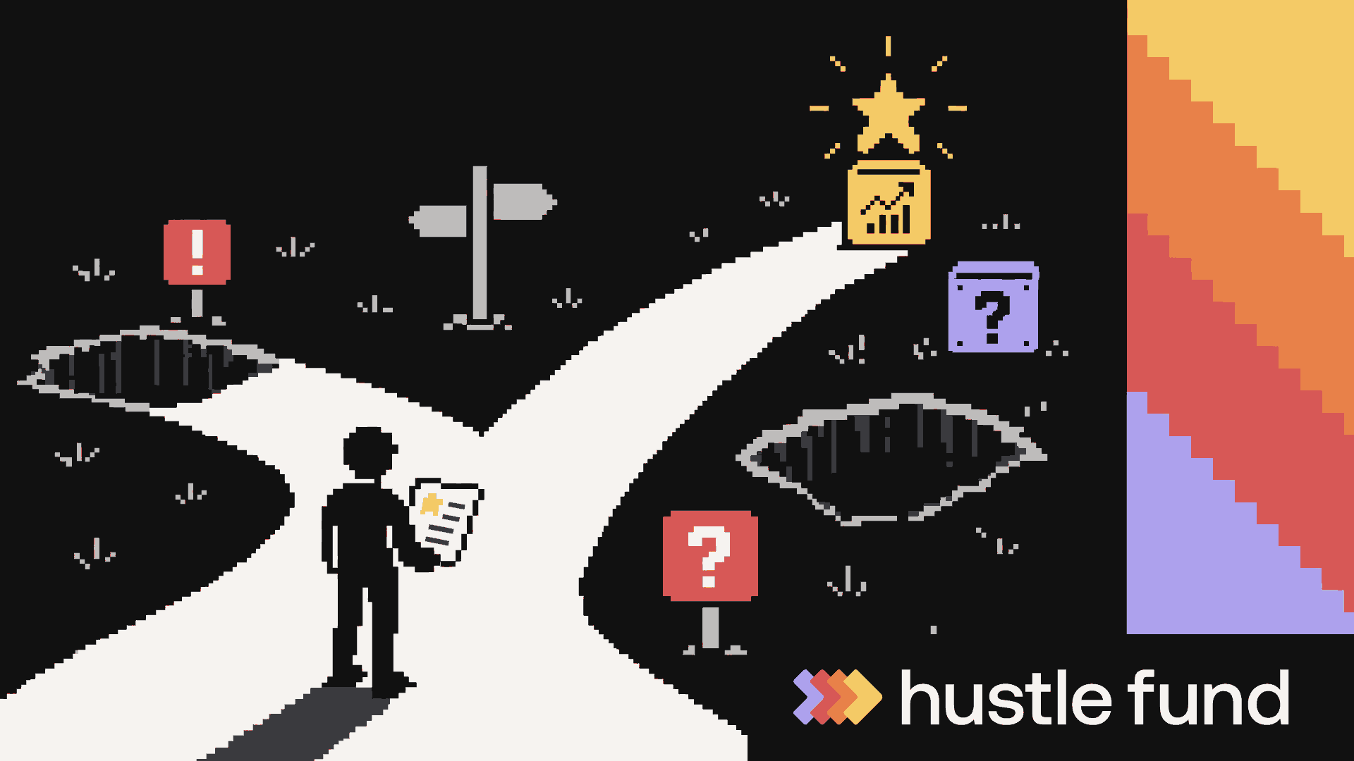 Pixel-art investor weighing a bright startup signal against hidden risks in a fog of uncertainty.