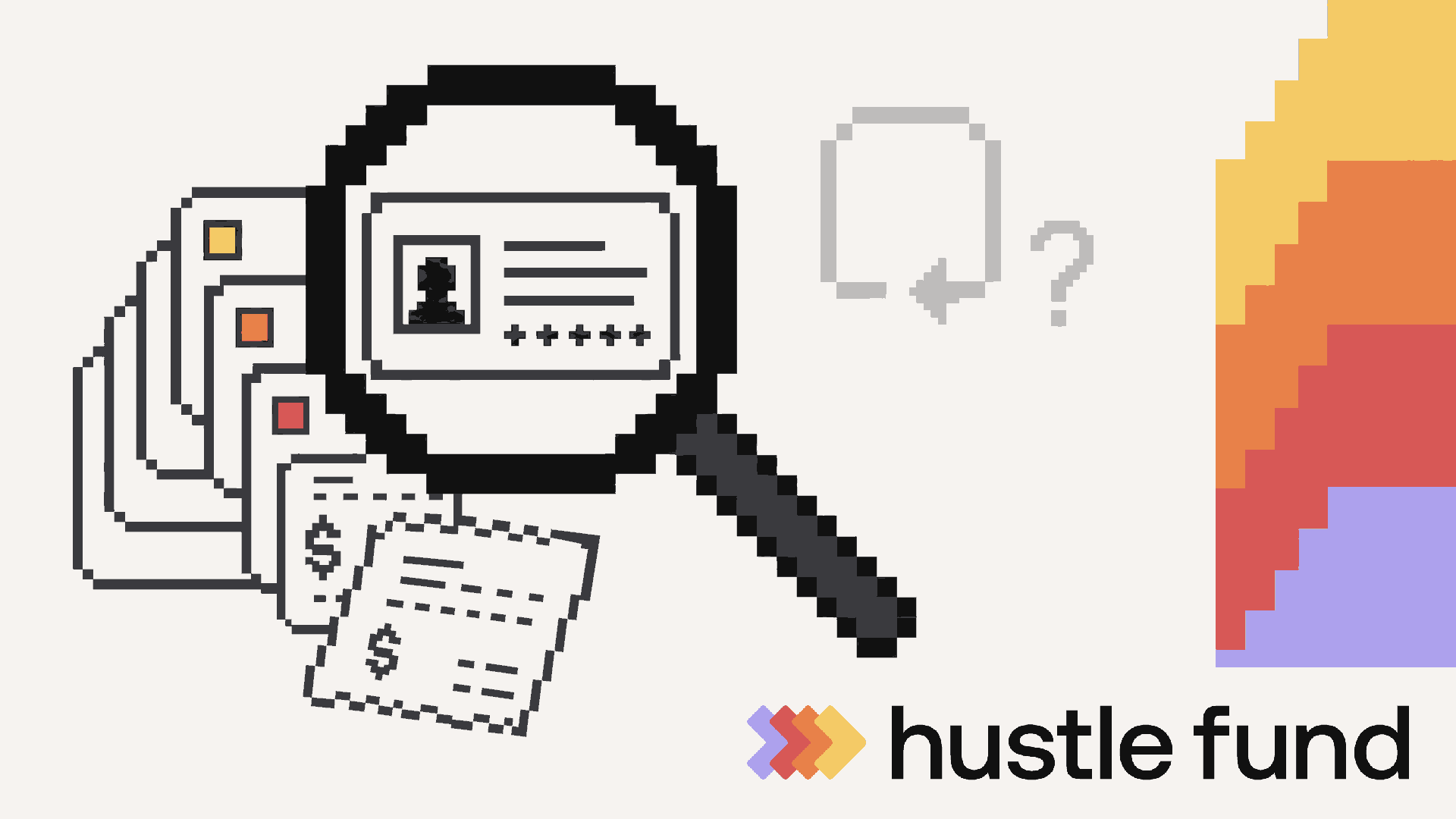 Pixel-art magnifying glass examining customer records and payment receipts beside an unresolved retention question.
