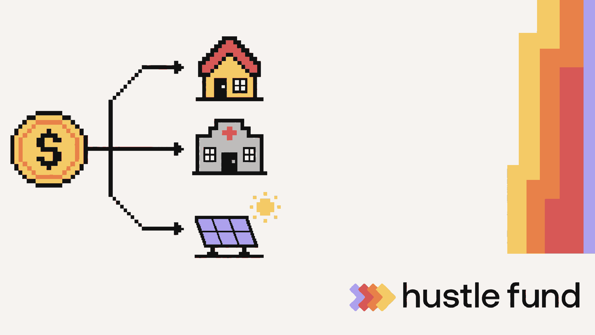 Pixel-art capital flowing toward housing, healthcare, and clean energy businesses.
