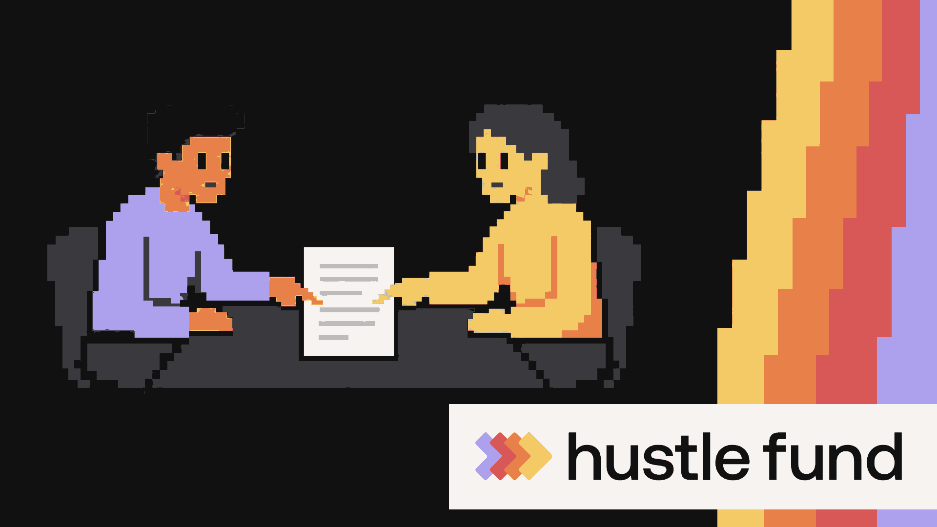A founder and an investor discuss a shared investment agreement across a table.