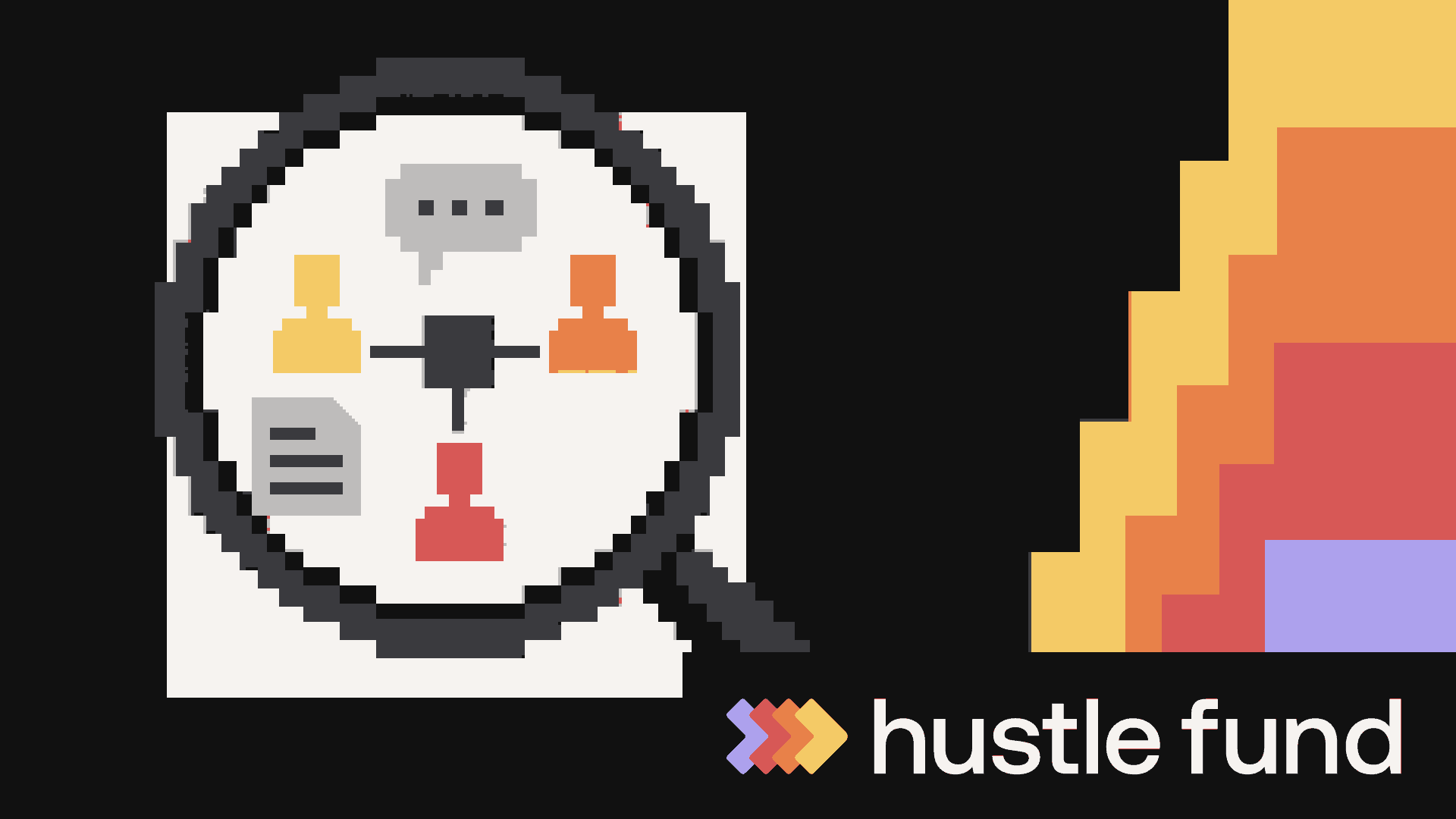 Pixel-art magnifying glass examining a startup team's shared decision board.