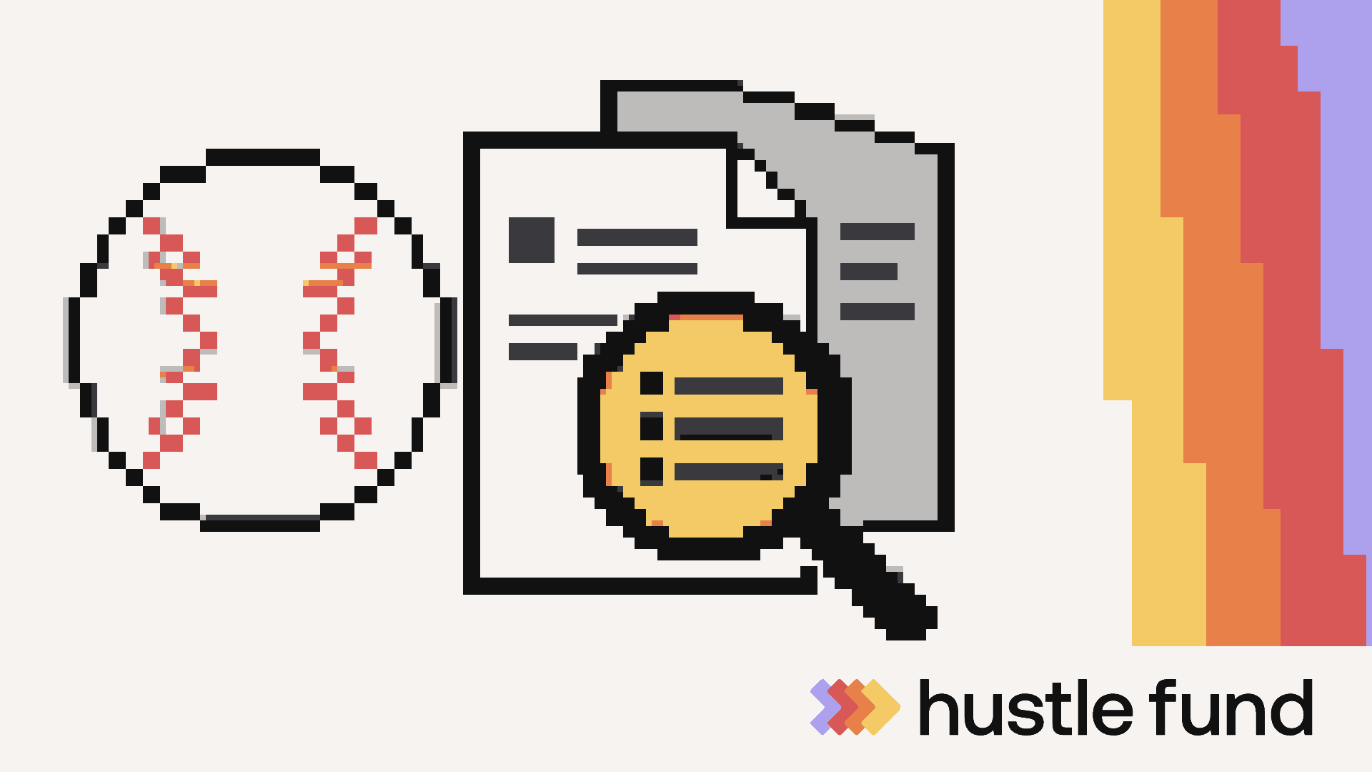 Pixel-art baseball beside business documents under a magnifying glass.