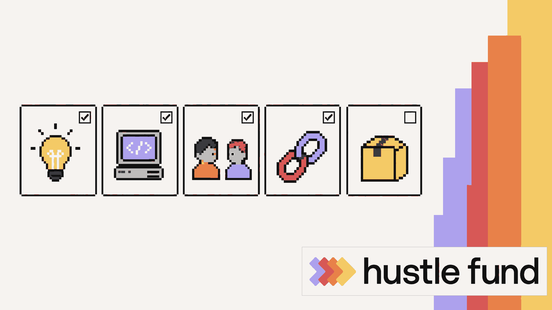 Pixel icons for five startup valuation factors, with four checked boxes and one empty box.